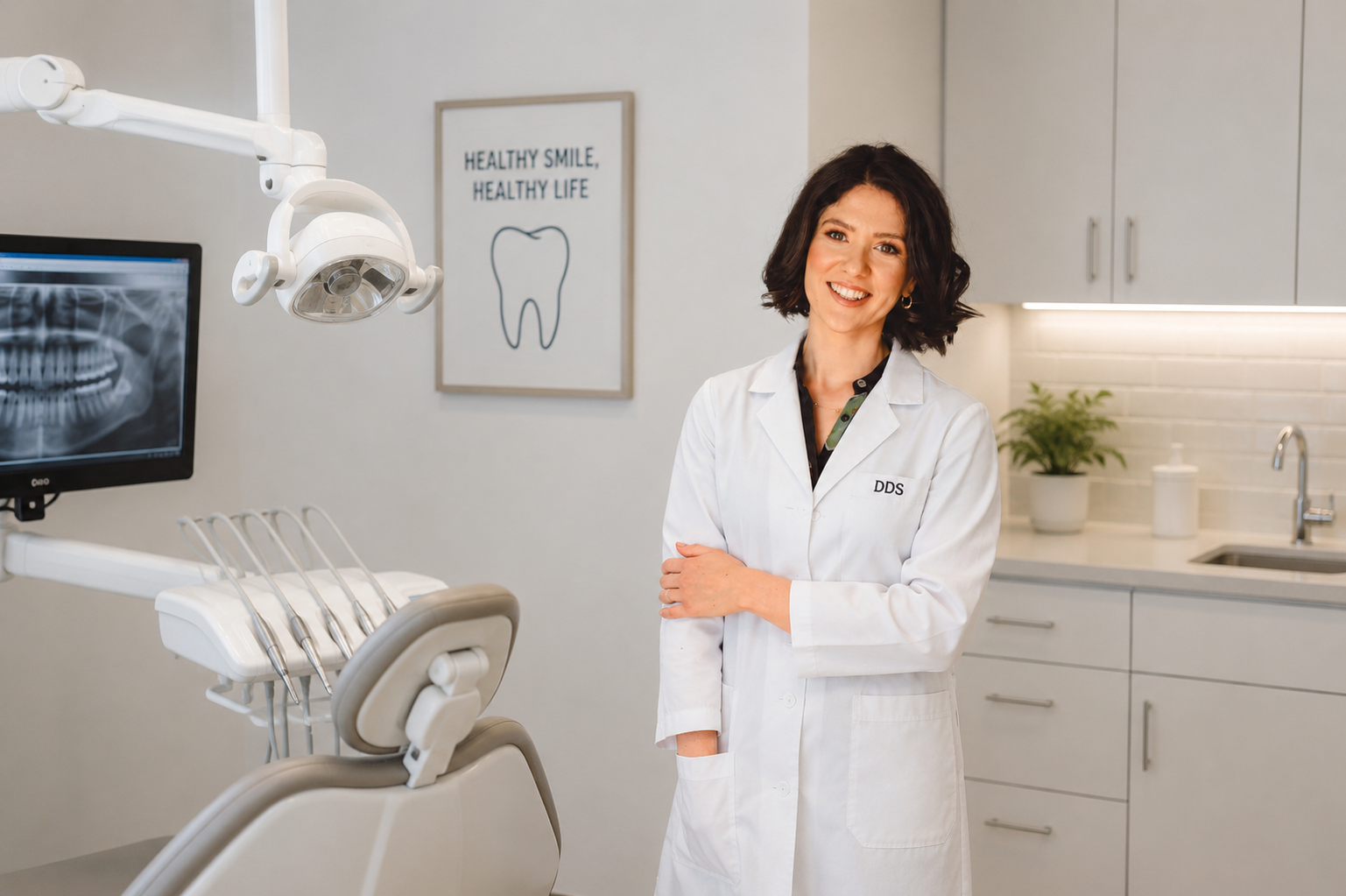A friendly clinician smiling warmly in a bright, modern space